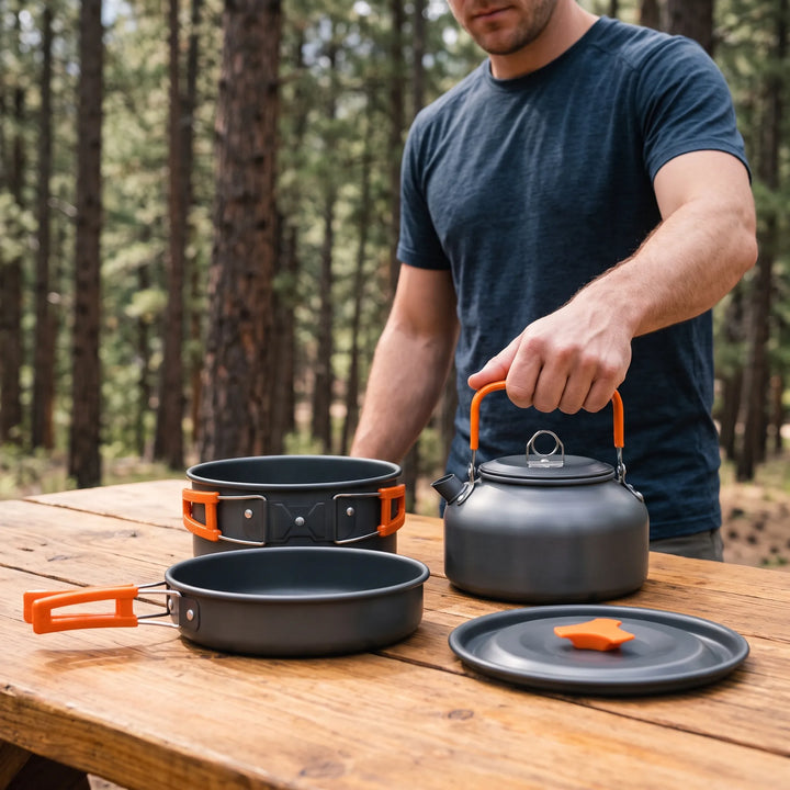 Anodized aluminum camping cookware set, a complete and compact solution for outdoor cooking on the trail.