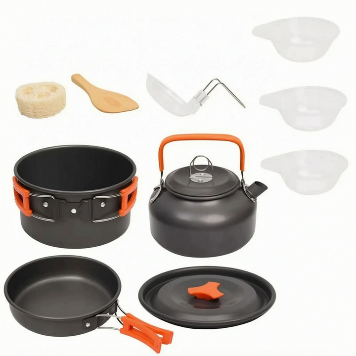 Lightweight camping pot set for outdoor cooking, essential gear for backpacking and camp kitchen setup.