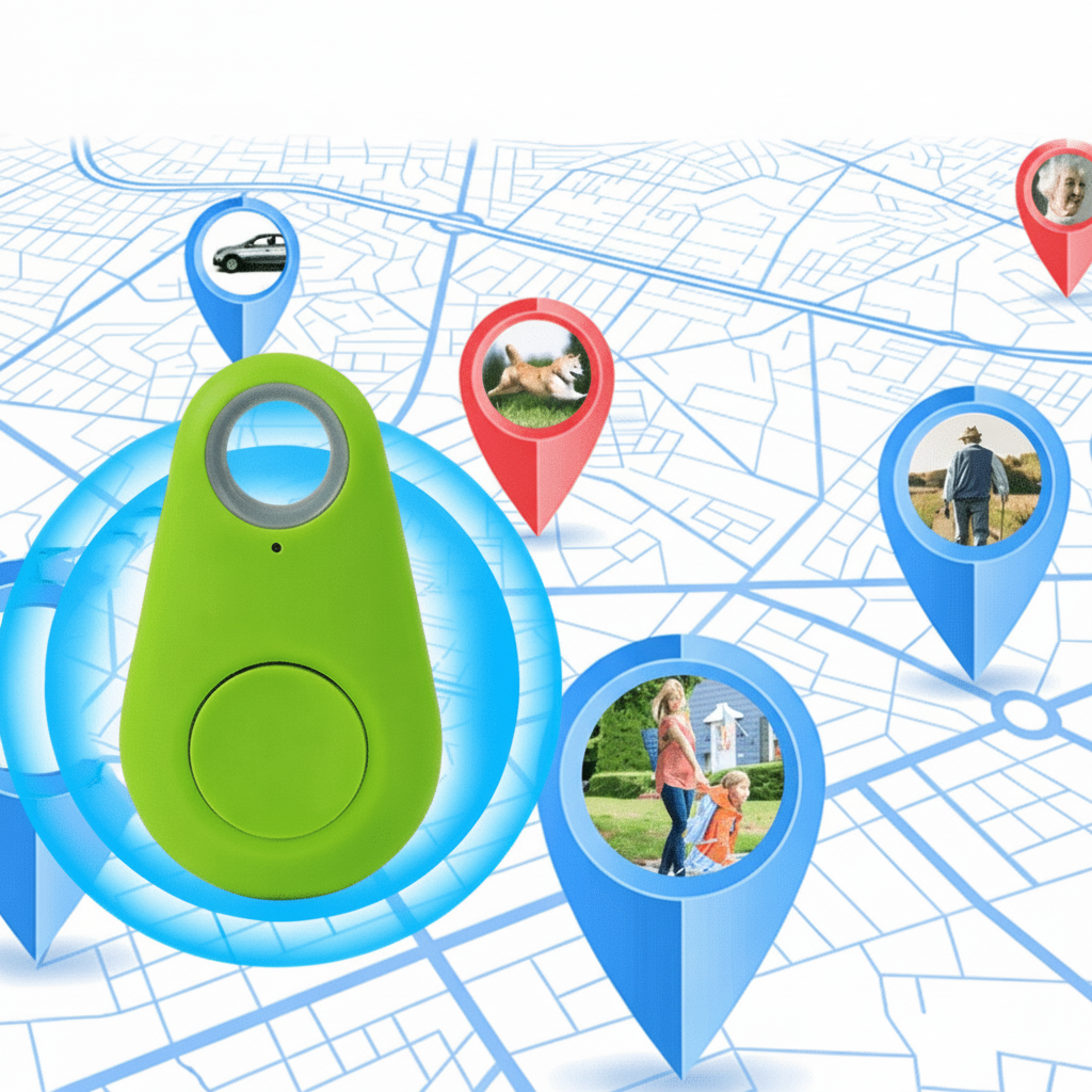 Universal Bluetooth GPS tracker on a backpack. Helps locate lost items & valuables quickly.