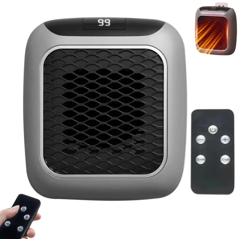 Compact wall plug-in personal heater with remote control, ideal for small spaces and energy-efficient warmth.