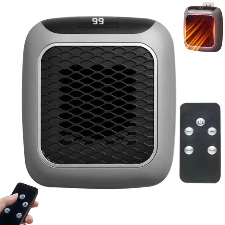 Compact wall plug-in personal heater with remote control, ideal for small spaces and energy-efficient warmth.