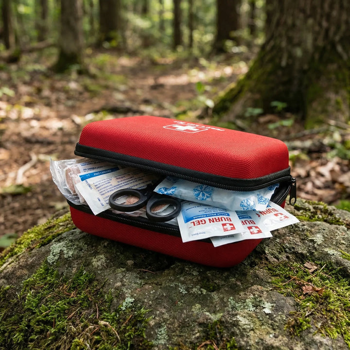 Compact waterproof first aid kit for hiking, camping, and outdoor emergencies.