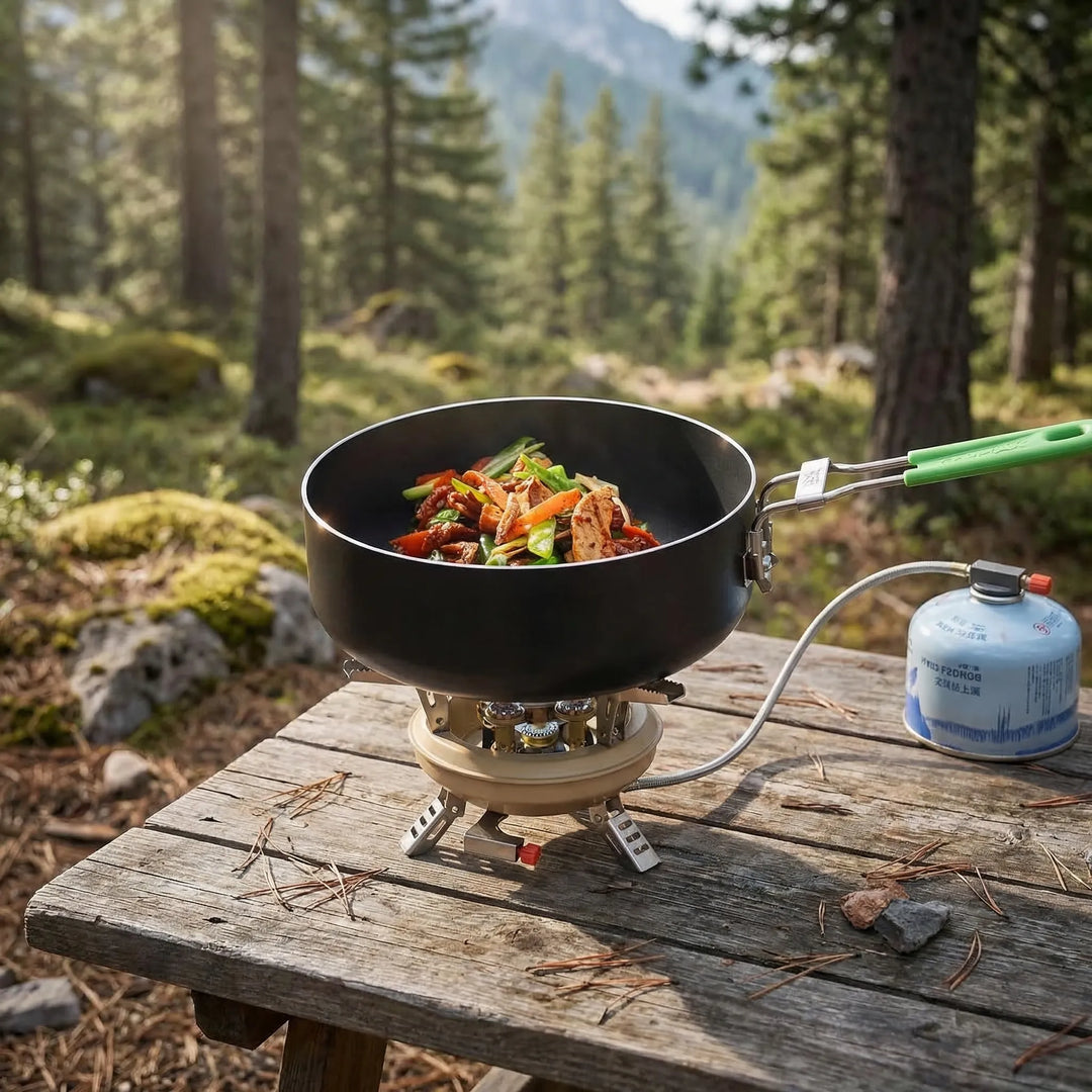 Compact windproof camping stove with high-output burner for outdoor cooking, hiking, and backpacking meals.