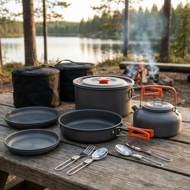 Complete 16-piece nesting camping cookware set for outdoor kitchen. Durable, compact, and essential hiking gear.