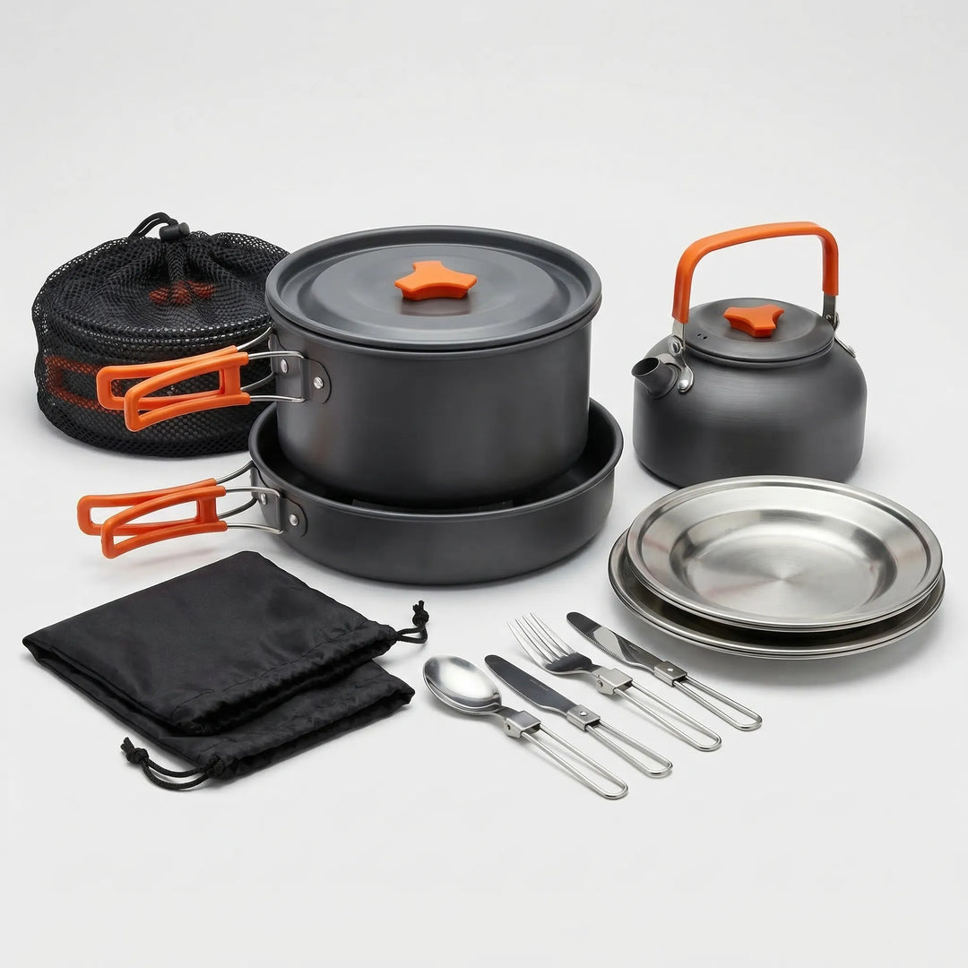 Portable 16-piece nesting camping cookware set, ideal for backpacking, hiking, and camp cooking. Compact & durable.