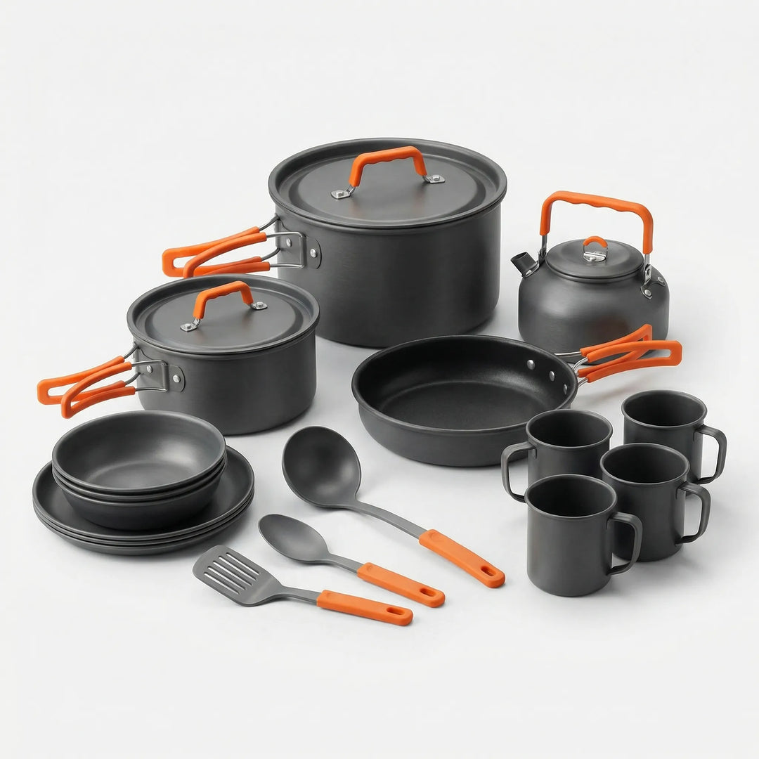 Compact 16-piece nesting travel kitchen cookset. Essential durable camping cookware for backpacking & outdoor use.