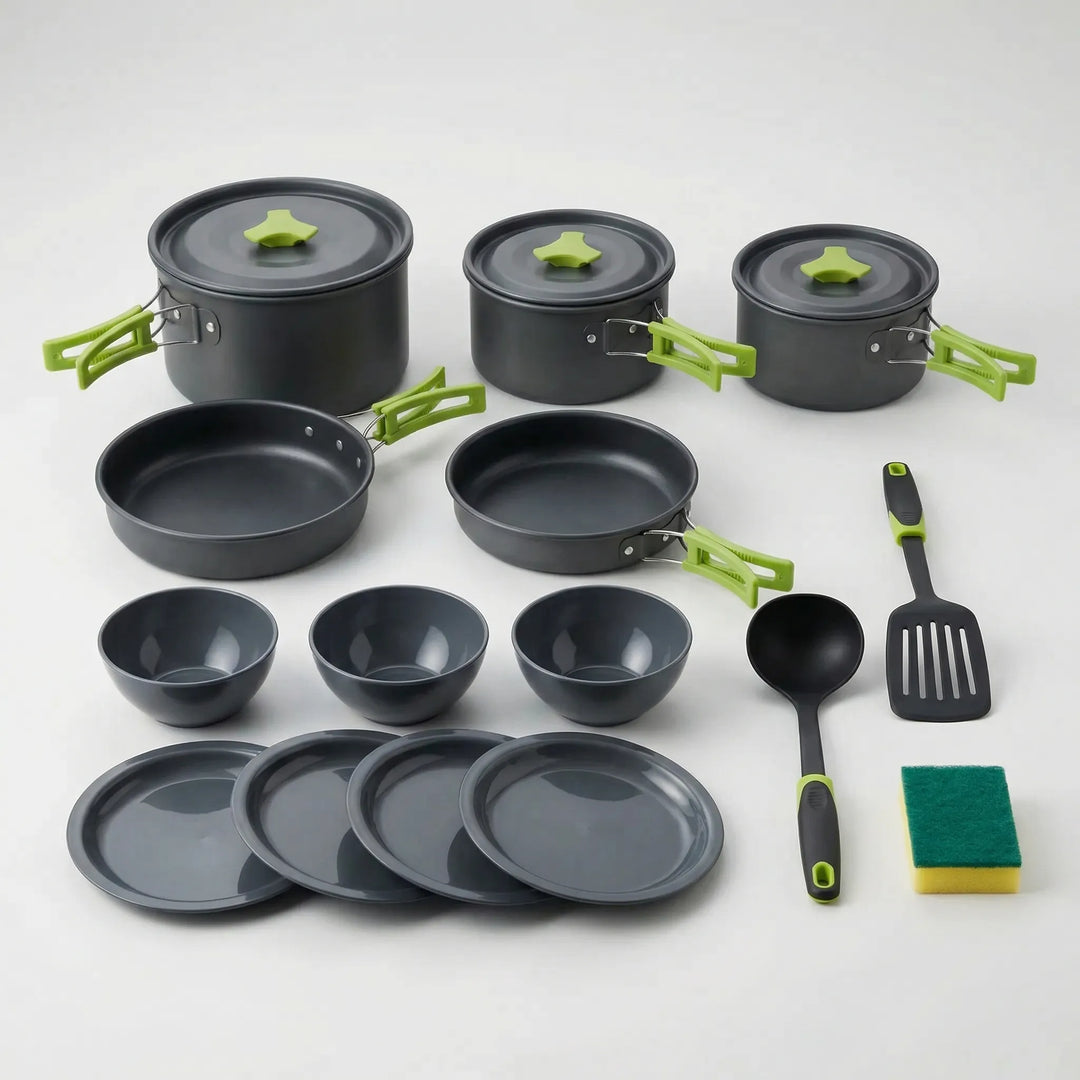 Unisex all-in-one 16-piece nesting camping cookset, perfect for camp cooking, hiking gear & outdoor kitchen.