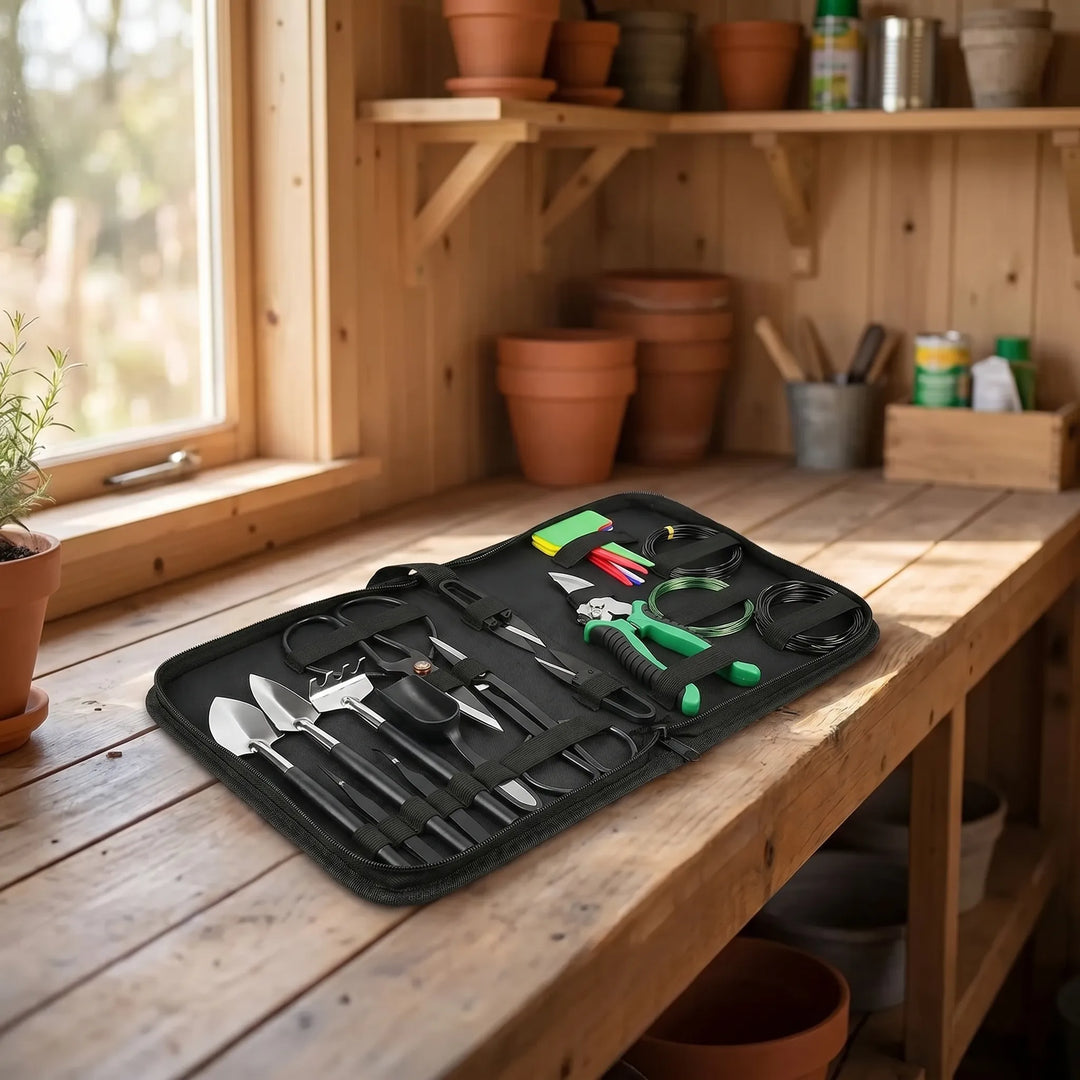 Complete 24-piece bonsai tree care tool set for gardening enthusiasts. Essential precision tools for miniature trees.