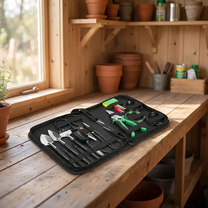 Complete 24-piece bonsai tree care tool set for gardening enthusiasts. Essential precision tools for miniature trees.