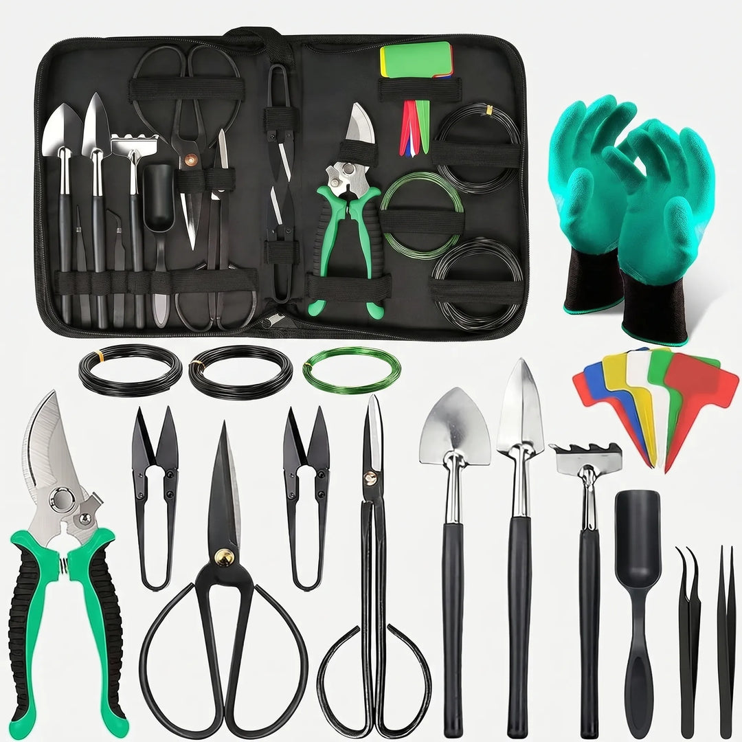 Professional bonsai kit with pruning shears, training wire, and essential tools for plant care & styling.