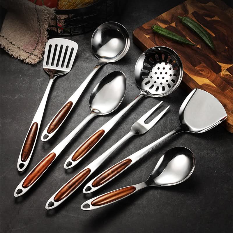 Durable stainless steel cooking tools for a modern kitchen, featuring an ergonomic design for home chefs.