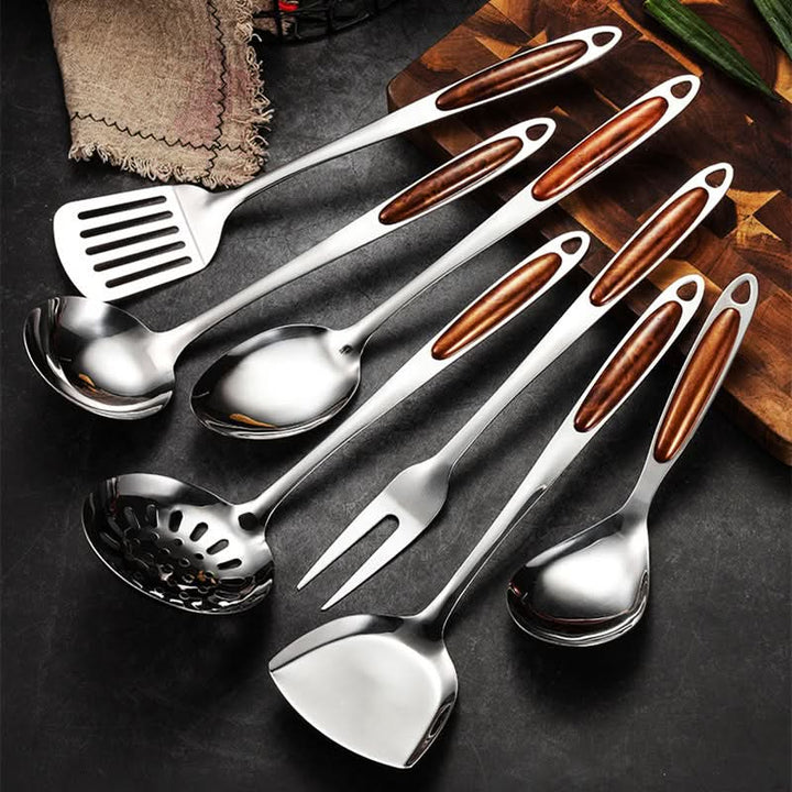 Versatile stainless steel utensil set, ideal for professional cooking & daily kitchen tasks. Dishwasher safe.