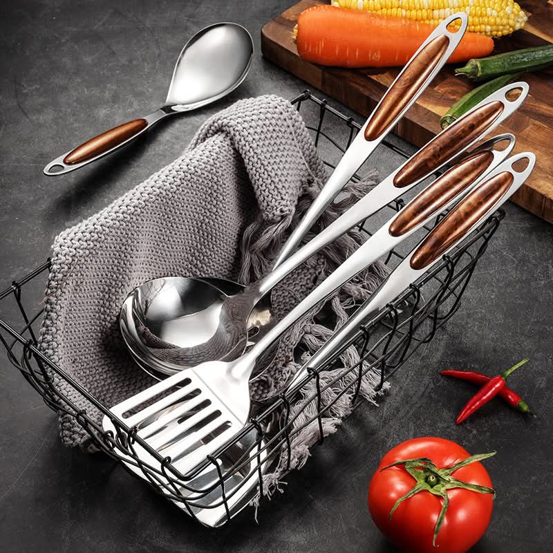 Close-up of a sleek stainless steel cooking tool, part of a modern kitchenware set for stylish kitchens.