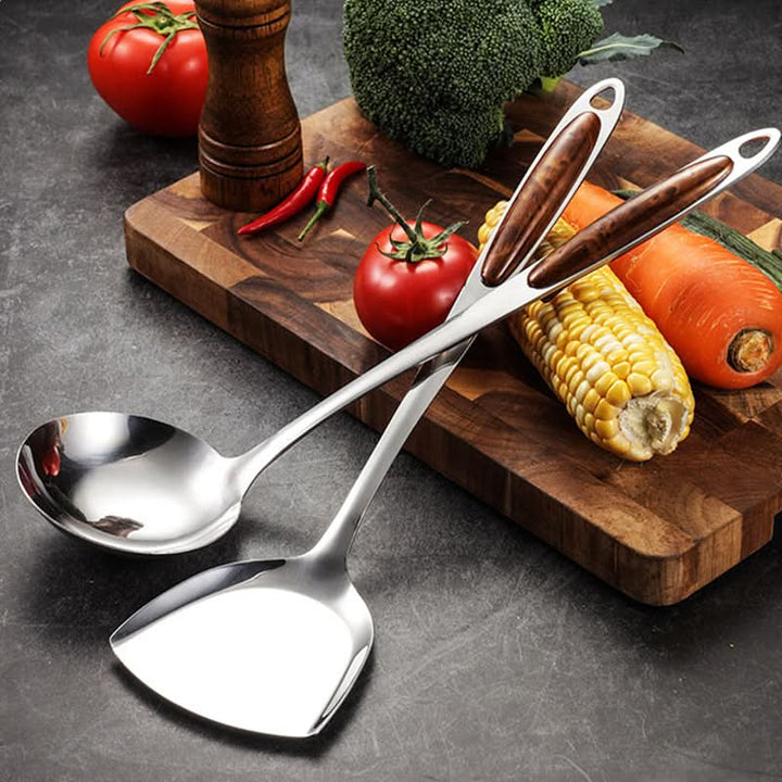 Ergonomic stainless steel kitchen utensils designed for comfortable, precise food preparation & home cooking.