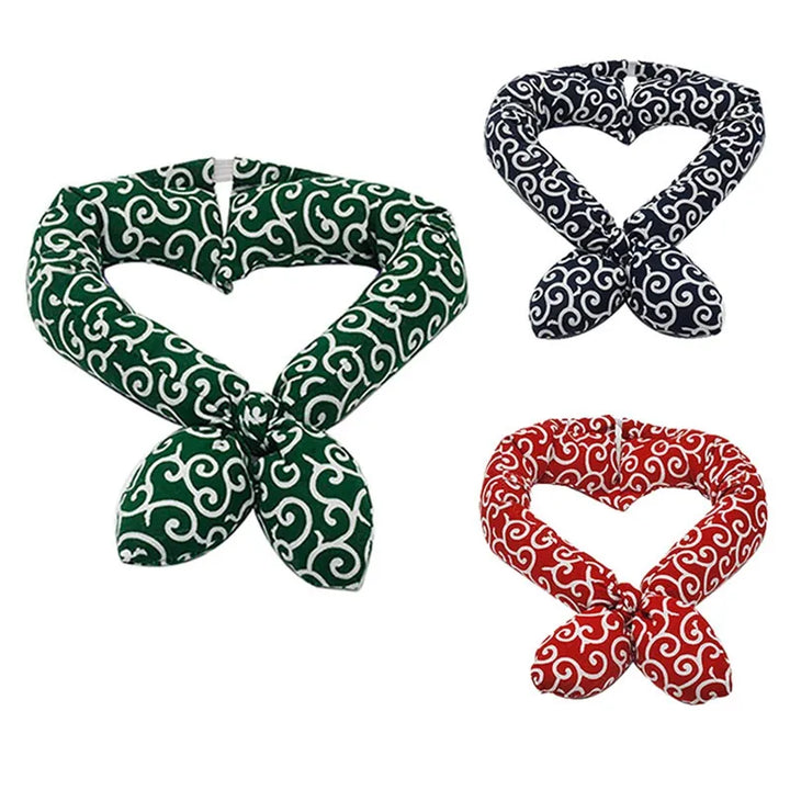 Displayed washable cooling dog bandana, traditional pattern, ensures pet comfort during hot weather.
