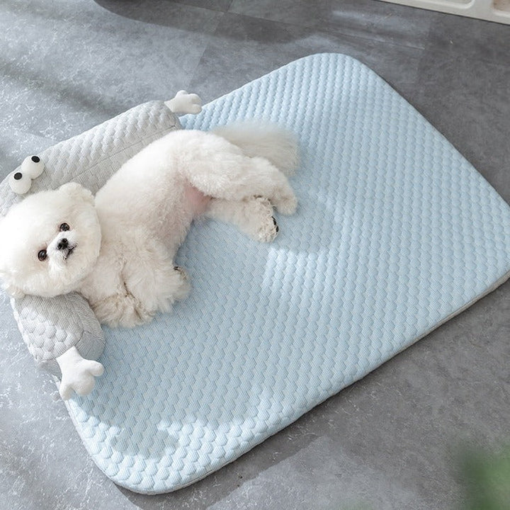 Cooling pet mat with padded blue silk surface, ideal for dogs & cats in summer, washable for comfort