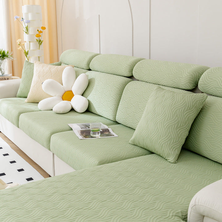 Corner detail of the elastic stretch sofa cover, showing a wrinkle-free and smooth fit