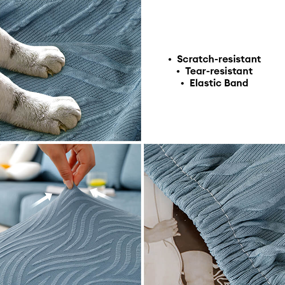 Pet-friendly cooling stretch sofa cover protecting a couch, with a dog resting comfortably on it