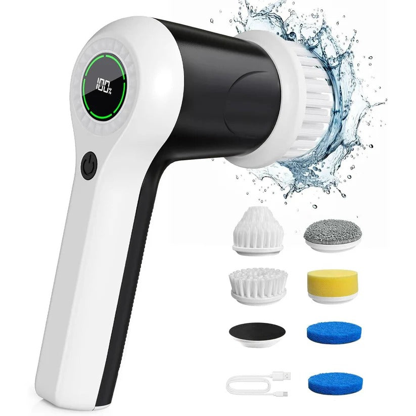 Cordless electric spin scrubber with 6 interchangeable heads for versatile deep household cleaning.