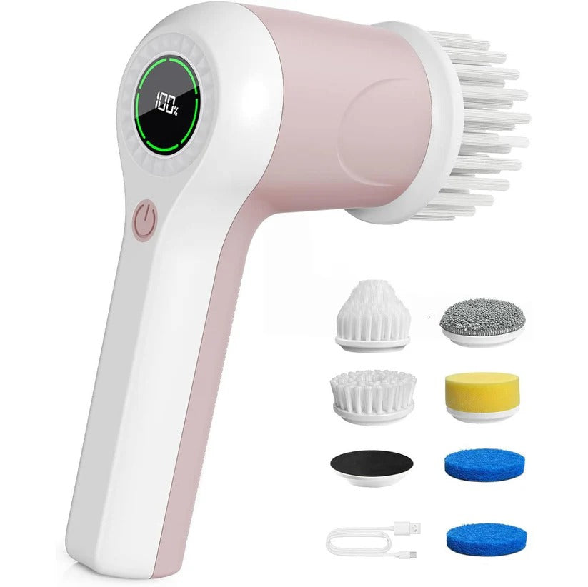 Powerful cordless electric scrubber for bathroom tiles, grout, tubs, and showers. Includes 6 brushes.