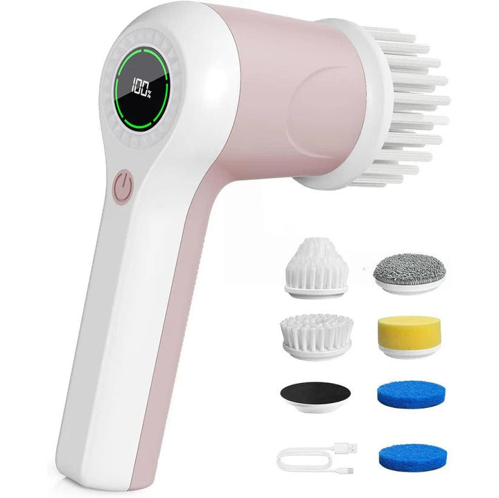 Powerful cordless electric scrubber for bathroom tiles, grout, tubs, and showers. Includes 6 brushes.