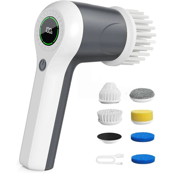 Electric spin scrubber with multiple heads, ideal for deep cleaning kitchen surfaces, sinks, and stovetops.