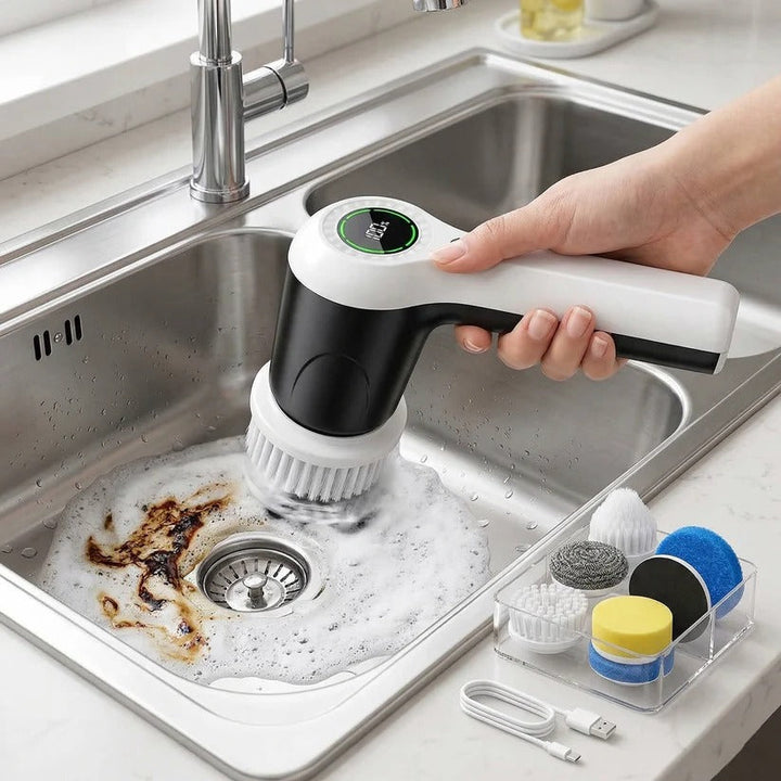 Close-up of 6 versatile brush heads for the cordless electric cleaning scrubber, ready for any task.