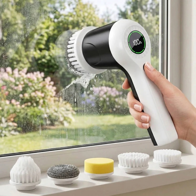 Waterproof cordless electric spin scrubber brush tackling tough grime and soap scum in a shower stall.