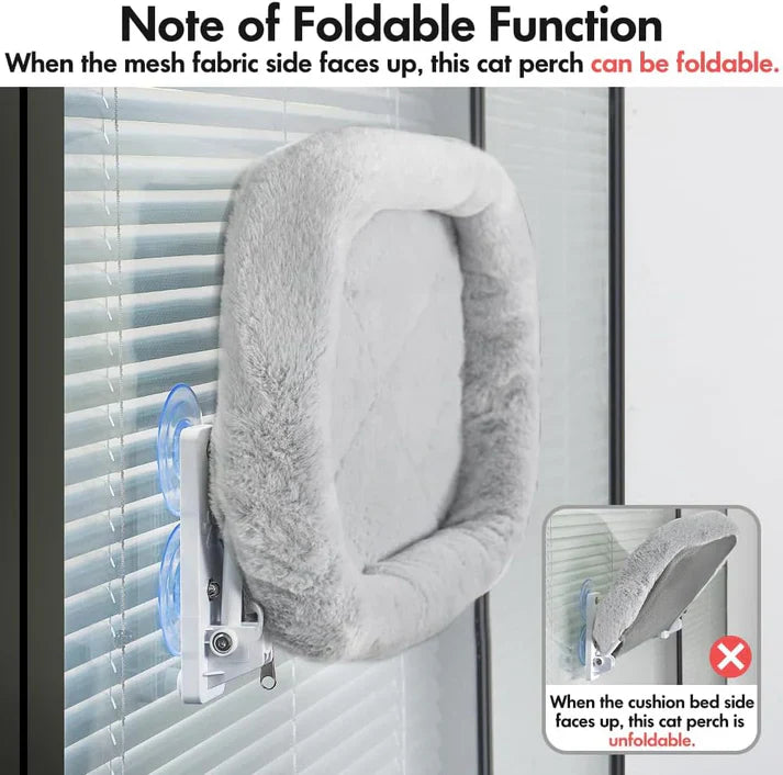 Close-up of a sturdy cordless cat window hammock, showcasing secure suction cups, white and gray.
