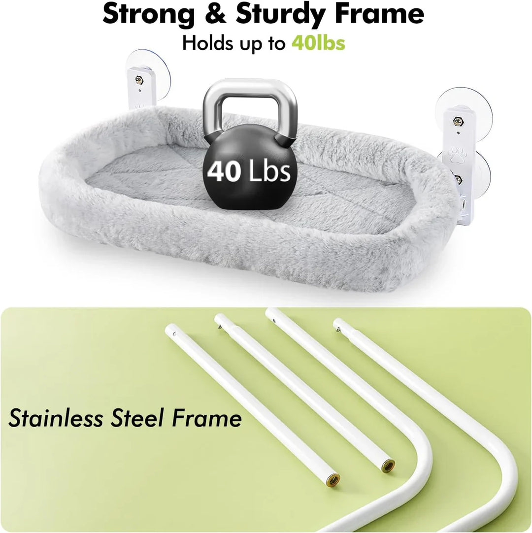 Stylish white cordless cat window perch, a cozy pet bed for modern homes and feline sunbathing.