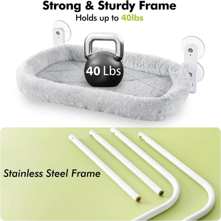 Stylish white cordless cat window perch, a cozy pet bed for modern homes and feline sunbathing.