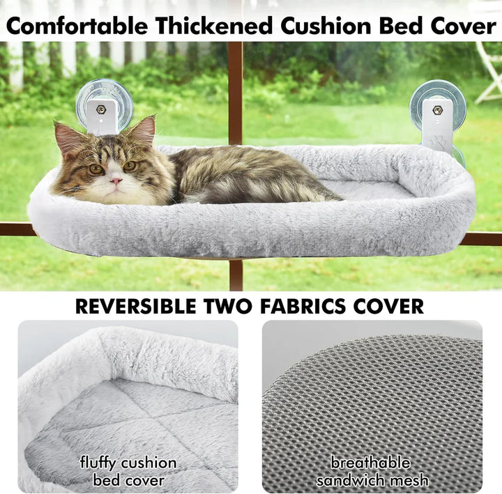 Comfortable gray cat window perch without cords, perfect pet furniture for cats to observe surroundings.