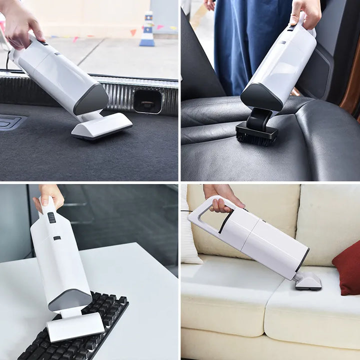 Cordless handheld vacuum cleaning car interior, portable compact design for auto detail.