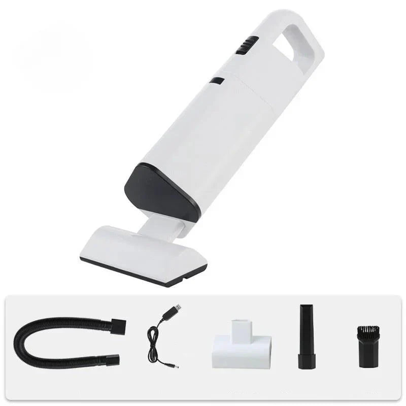 Mini portable vacuum cleaner removing pet hair from a sofa, effective for home cleaning.