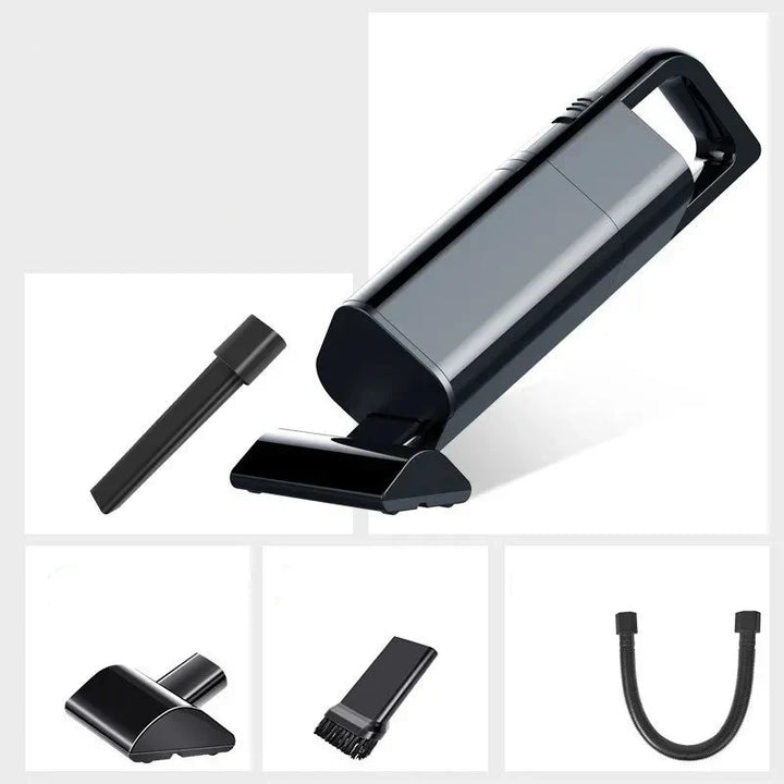 Compact cordless car vacuum with nozzle attachment, ideal for quick clean-ups.