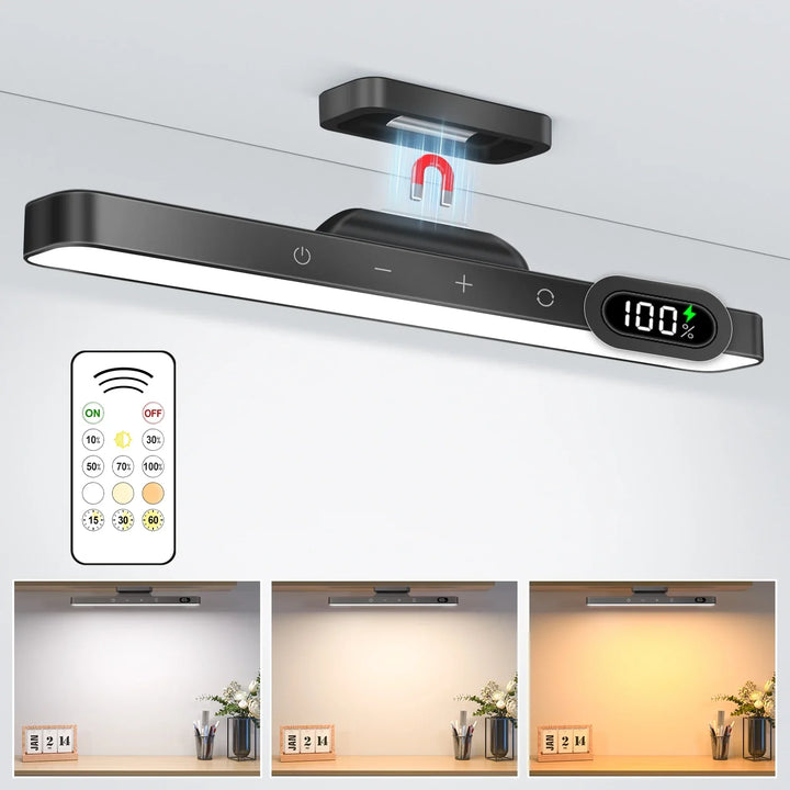 Compact rechargeable LED lamp, 3 color adjustable light. Use as a desk lamp or cabinet light.