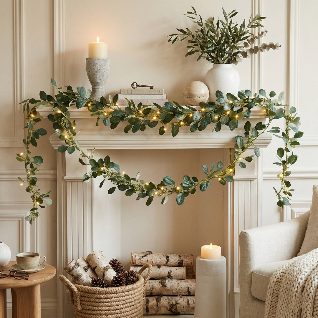 Cordless LED olive garland with warm white lights, perfect artificial greenery for year-round home decor.