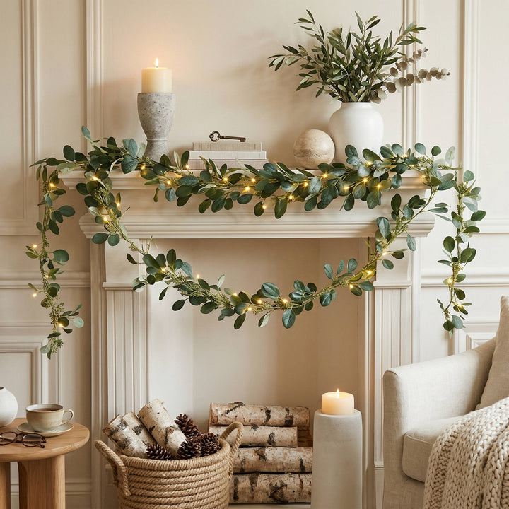 Cordless LED olive garland with warm white lights, perfect artificial greenery for year-round home decor.