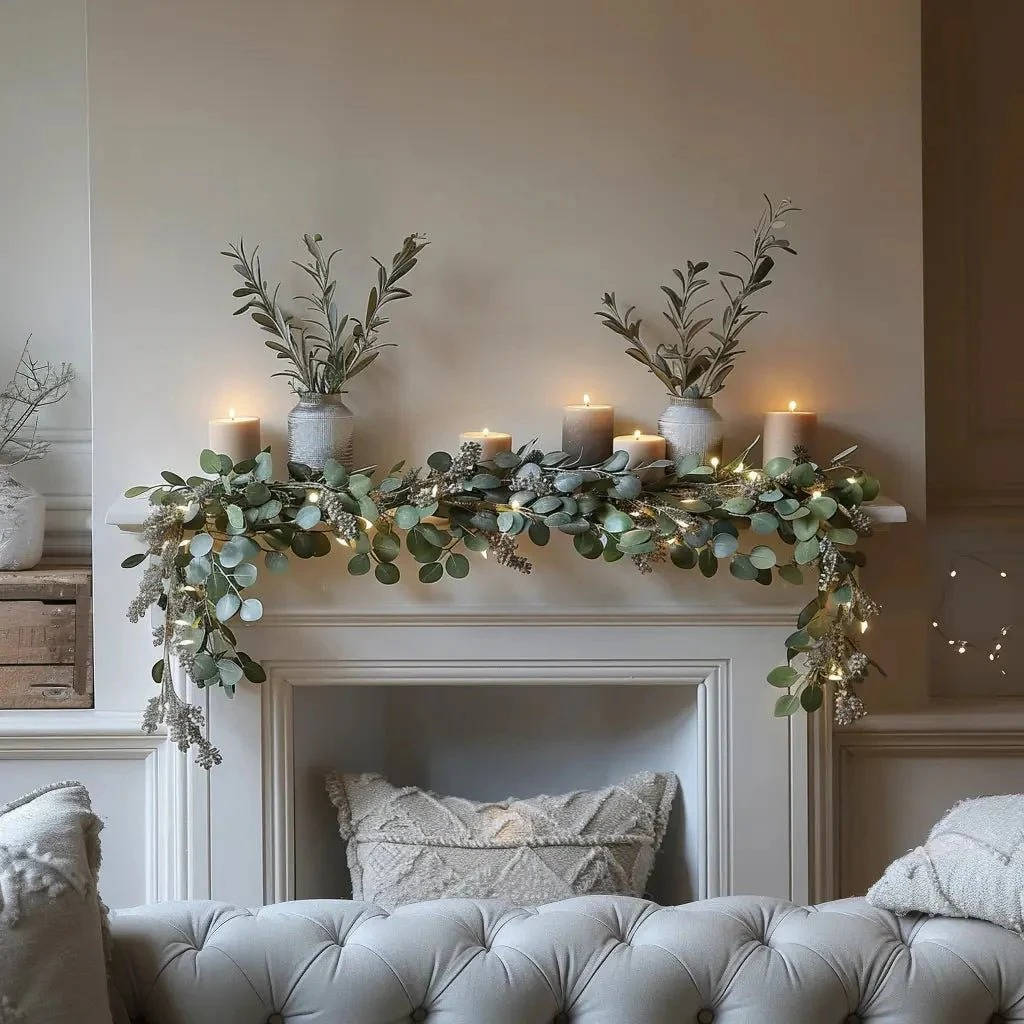Decorative cordless LED olive garland enhancing a cozy mantelpiece, offering warm white glow as faux plant decor.