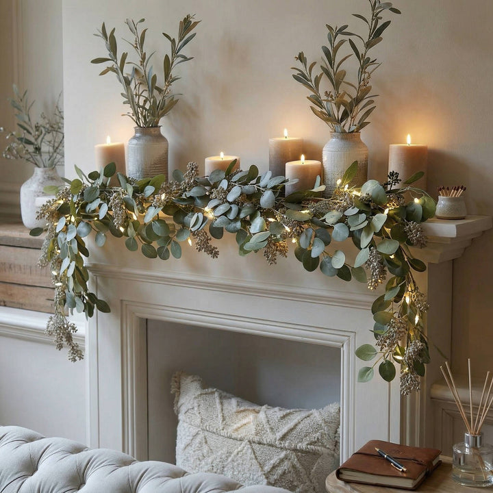 Elegant cordless LED olive garland as a table centerpiece, bringing year-round artificial greenery & warm white light.
