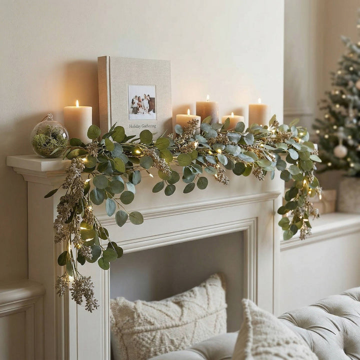 Flexible cordless LED olive garland with warm white lights, versatile for indoor/outdoor covered home decor.