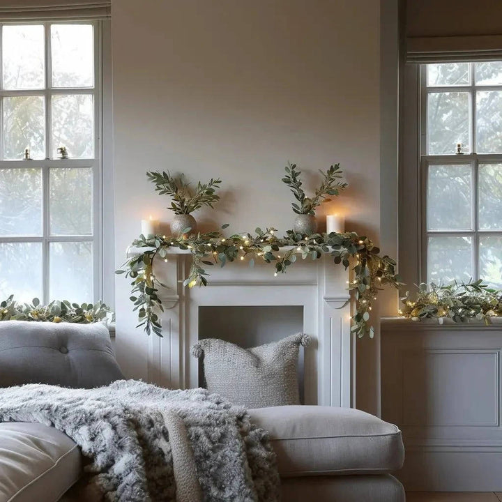 Realistic faux olive garland with integrated cordless warm white LED lights, ideal decorative greenery for any room.