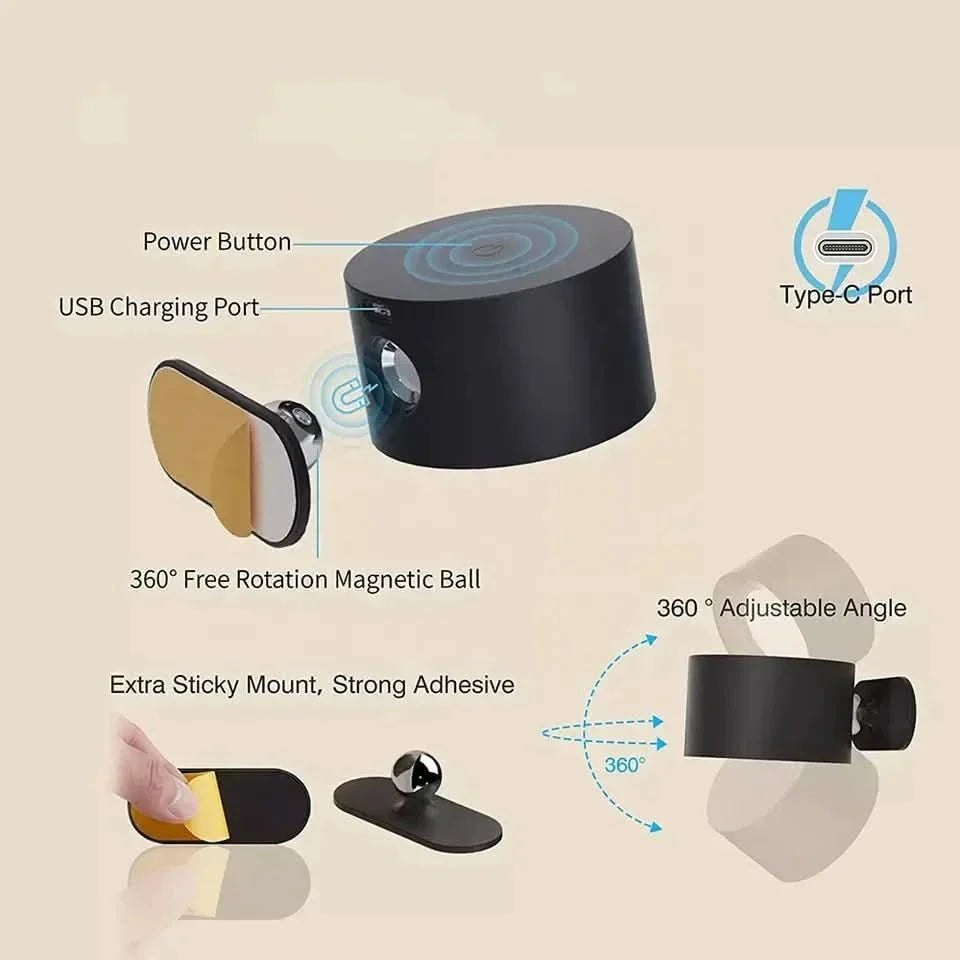 Magnetic, rechargeable, & dimmable LED wall light. Pivoting head for targeted, cordless illumination.