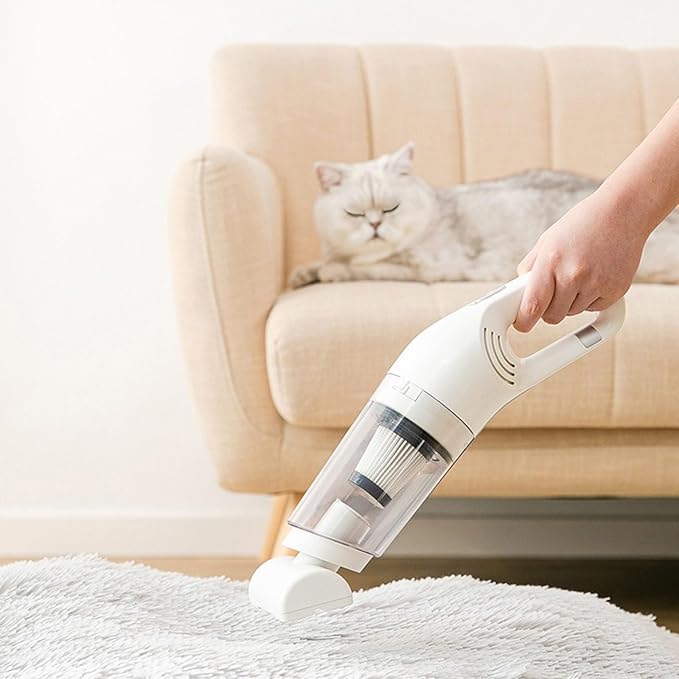 Person using cordless pet hair remover on carpet with visible pet hair, home cleaning