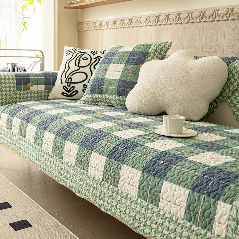Durable cotton plaid couch protector, anti-scratch and non-slip for pet friendly furniture.