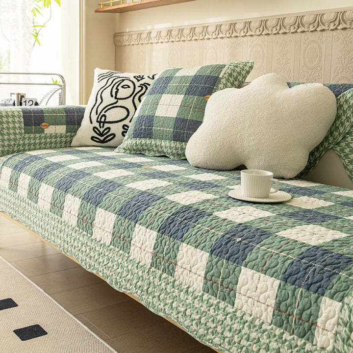 Durable cotton plaid couch protector, anti-scratch and non-slip for pet friendly furniture.