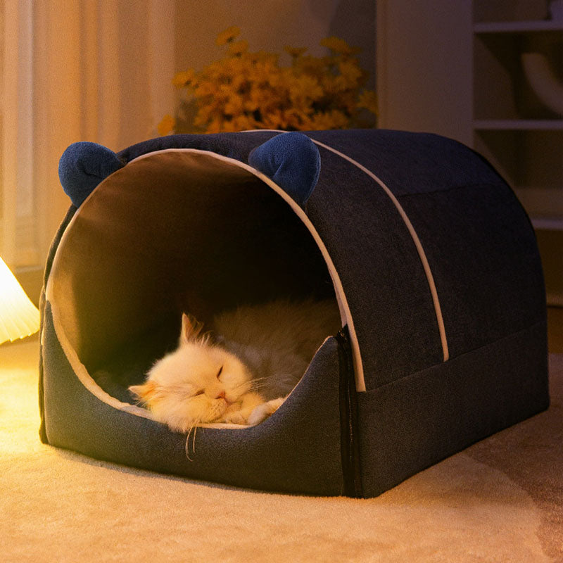 All-in-one pet bed with bear ears, a convertible dog house and lounge mat for versatile use
