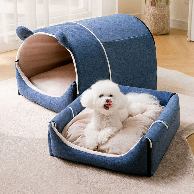 Adorable bear ear pet bed, transforms from enclosed dog house to open cat lounge mat