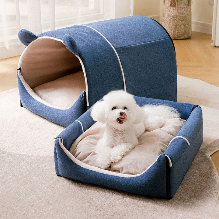 Adorable bear ear pet bed, transforms from enclosed dog house to open cat lounge mat