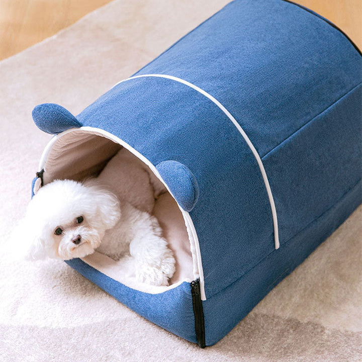 Soft convertible pet bed with bear ears, functions as a warm dog house or comfy cat lounge